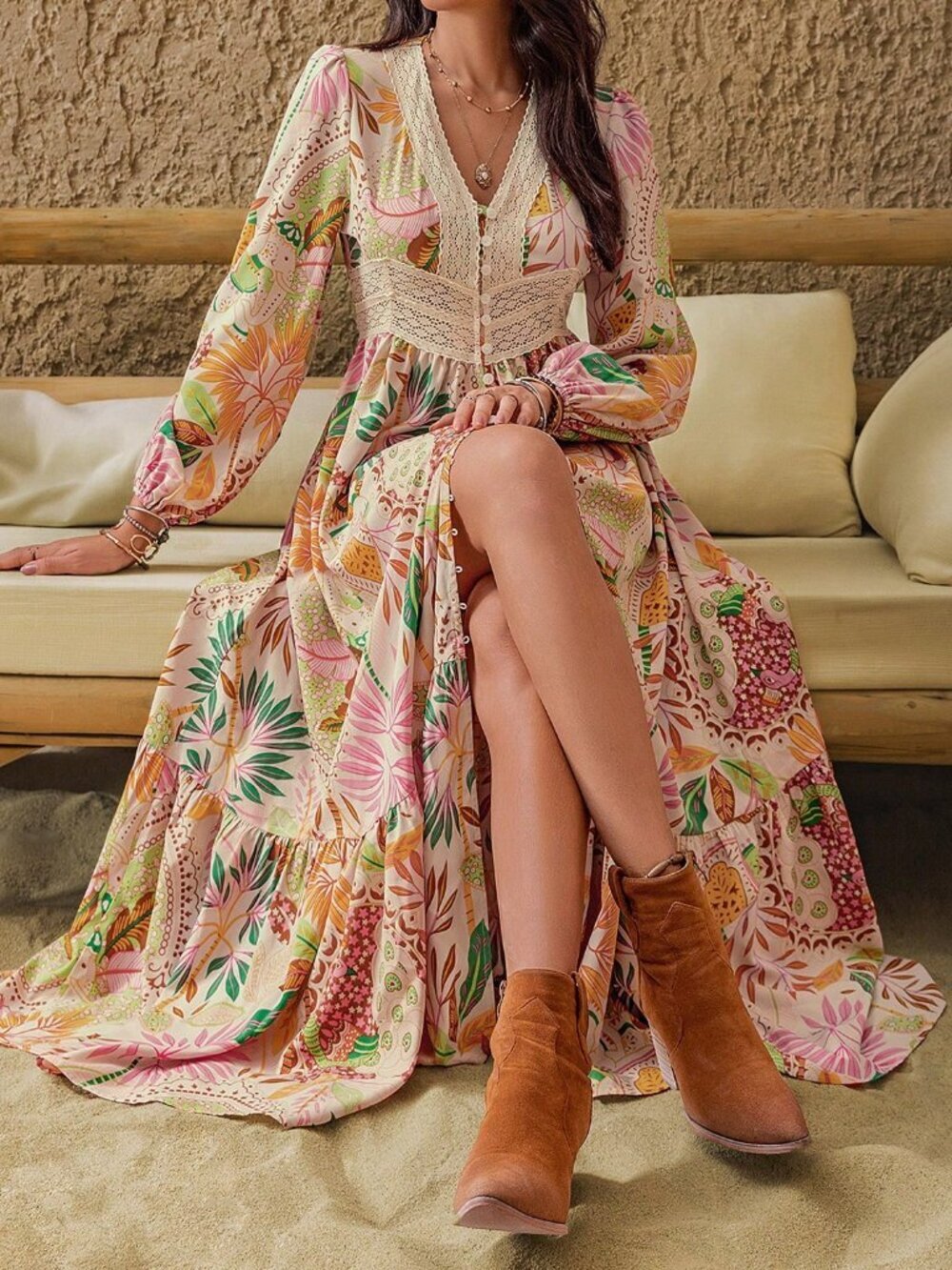 Pink Boho Women's Floral V-Neck Lace Dress